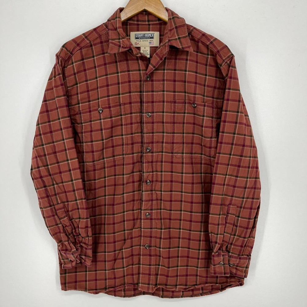 Stormy Kromer Mens Plaid Button Down Shirt Red Burgundy Cotton Size M